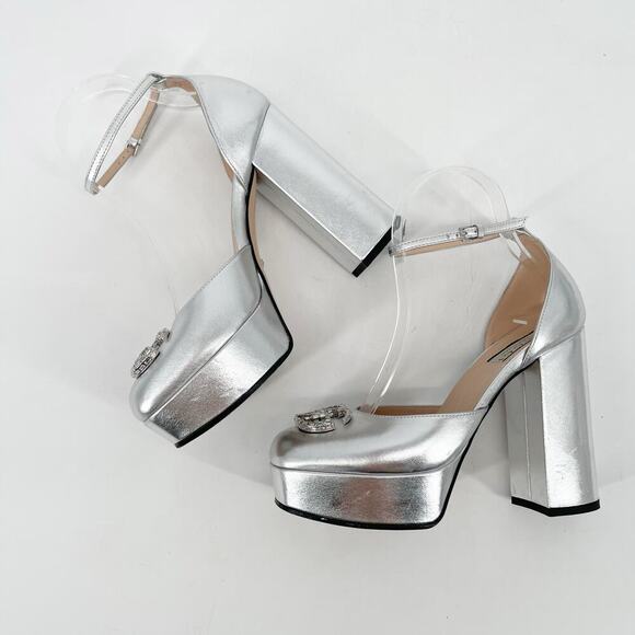 Gucci Silver Metallic Crystal GG Platform Ankle Strap Block Heel Pumps EU 37.5 - Picture 5 of 16